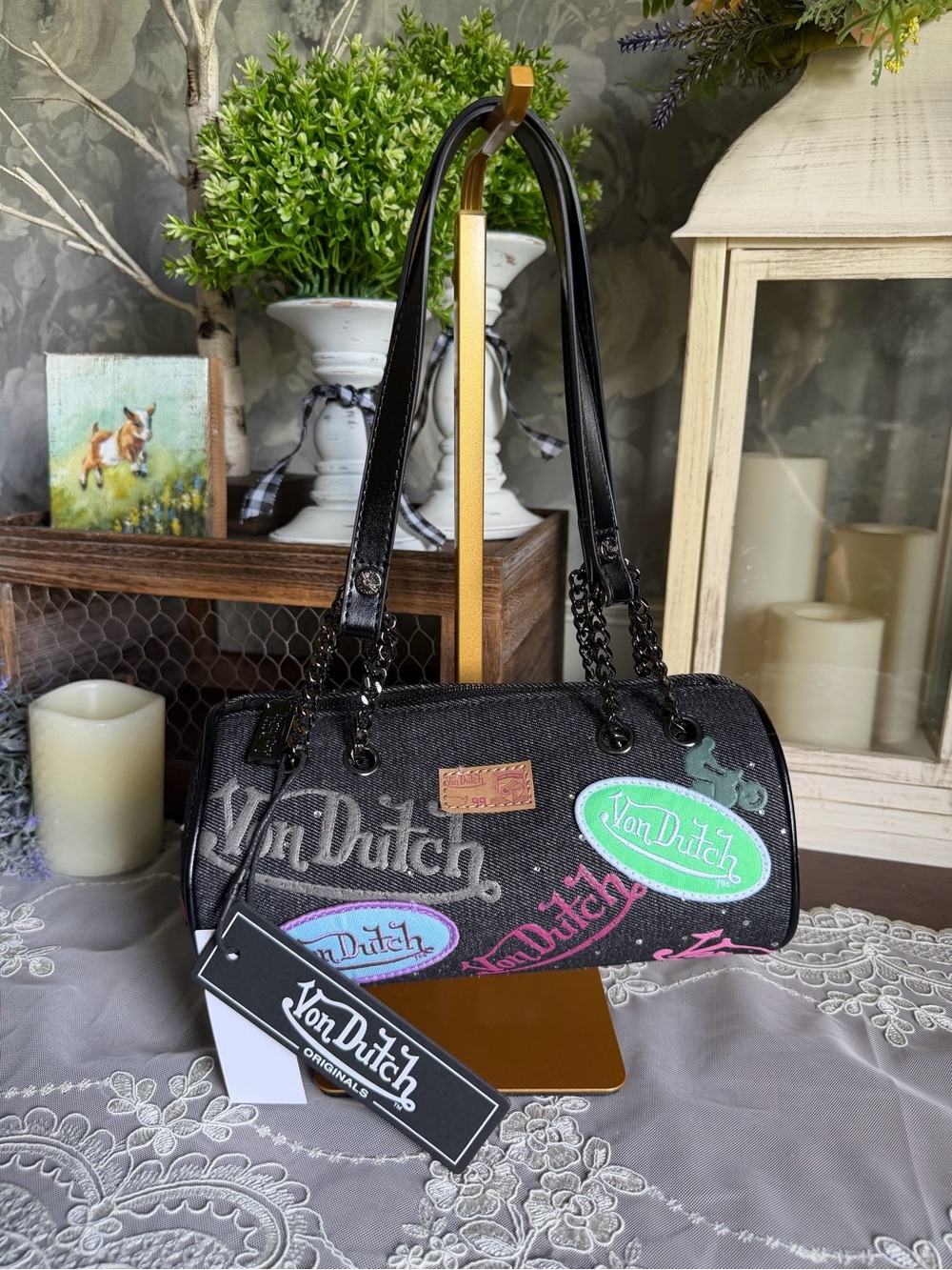 NWT Von Dutch Black Logo Barrel Shoulder Bag Purse